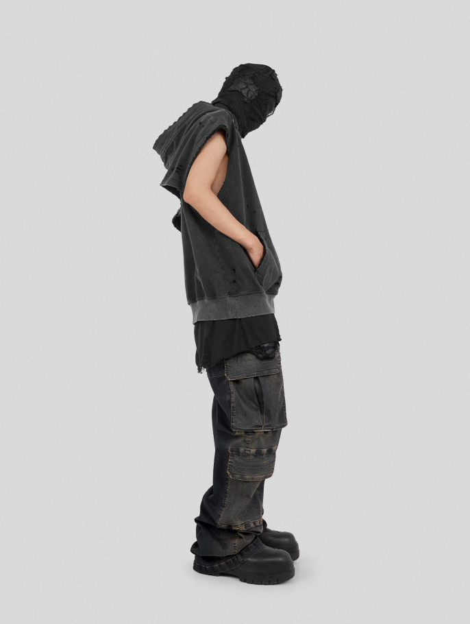 UNDERWATER Destruction Faded Spliced Sleeveless Hoodie