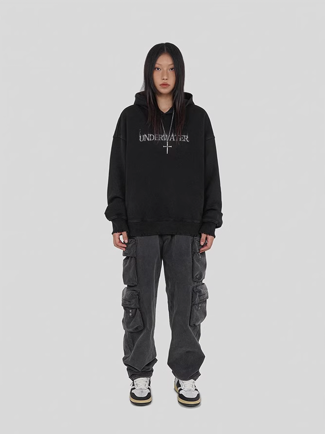 UNDERWATER Washed Destroyed Smoke Logo Print Hoodie