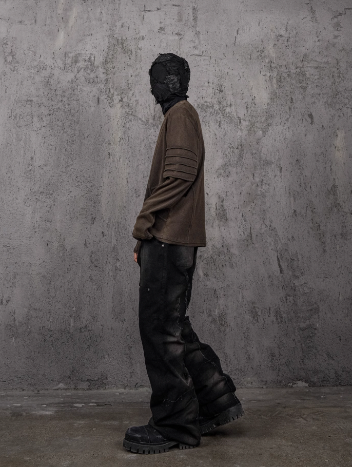 UNDERWATER Washed Pleated Deconstructed Patchwork Sweatshirt Brown