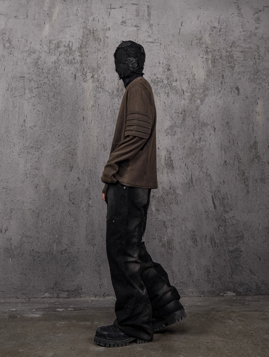 UNDERWATER Washed Pleated Deconstructed Patchwork Sweatshirt Brown