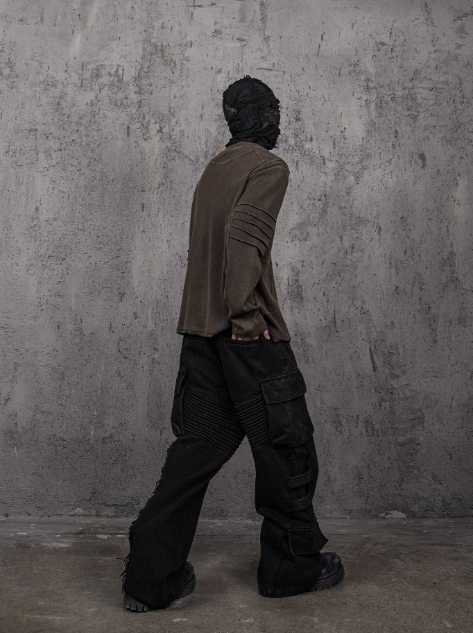 UNDERWATER Washed Pleated Deconstructed Patchwork Sweatshirt Brown