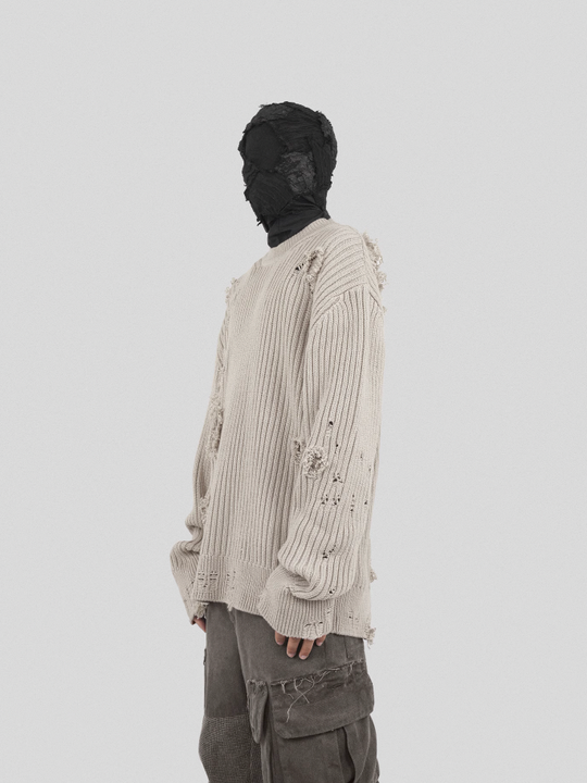 UNDERWATER Washed Handmade Destruction Patchwork Knit Sweater Beige