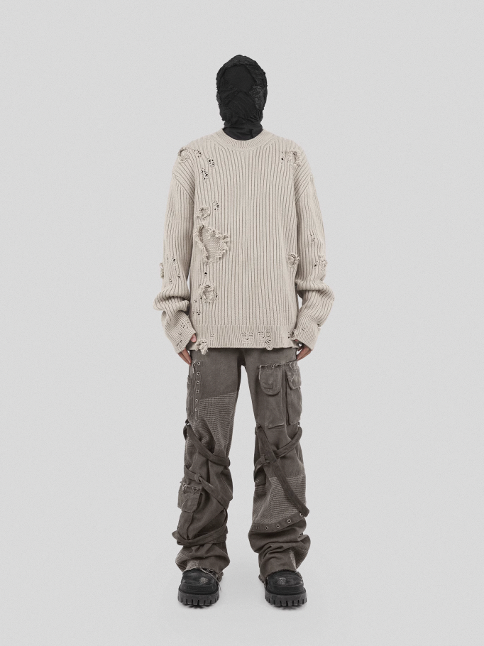 UNDERWATER Washed Handmade Destruction Patchwork Knit Sweater Beige
