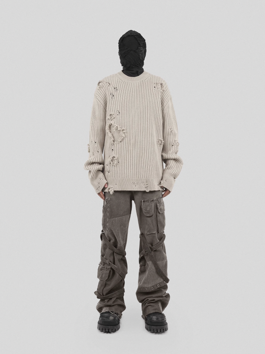 UNDERWATER Washed Handmade Destruction Patchwork Knit Sweater Beige