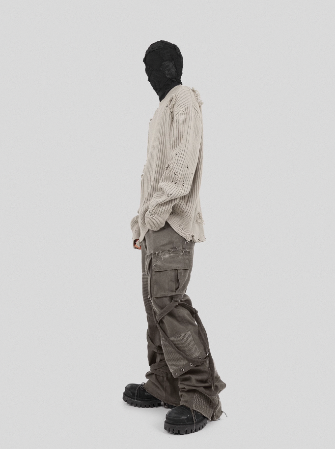 UNDERWATER Washed Handmade Destruction Patchwork Knit Sweater Beige