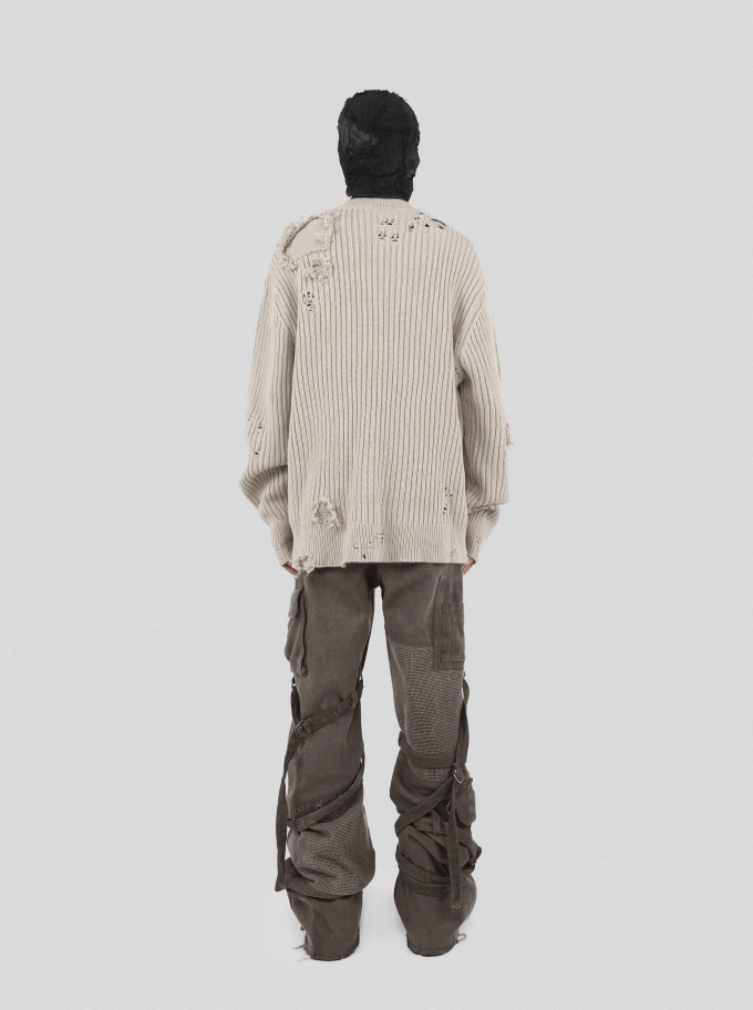 UNDERWATER Washed Handmade Destruction Patchwork Knit Sweater Beige