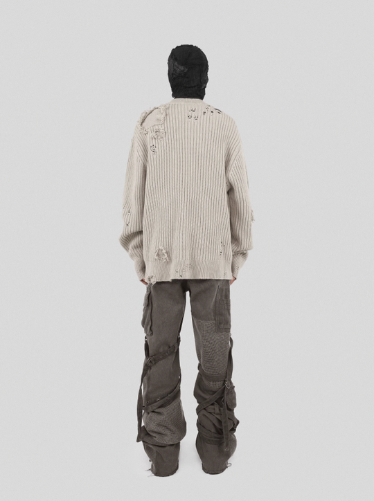 UNDERWATER Washed Handmade Destruction Patchwork Knit Sweater Beige