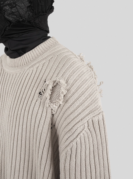 UNDERWATER Washed Handmade Destruction Patchwork Knit Sweater Beige