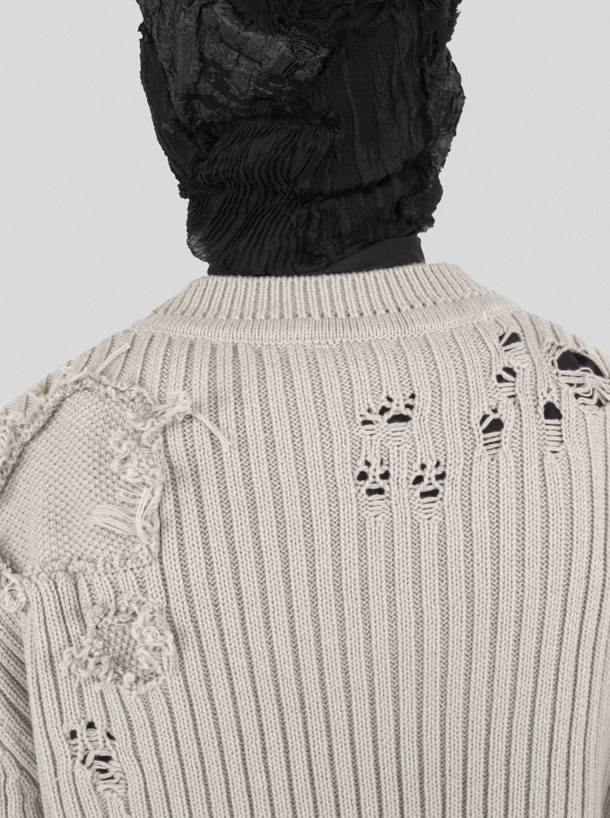 UNDERWATER Washed Handmade Destruction Patchwork Knit Sweater Beige