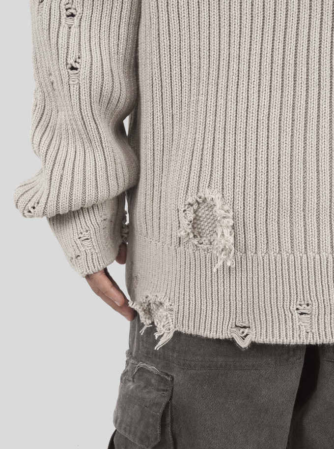 UNDERWATER Washed Handmade Destruction Patchwork Knit Sweater Beige