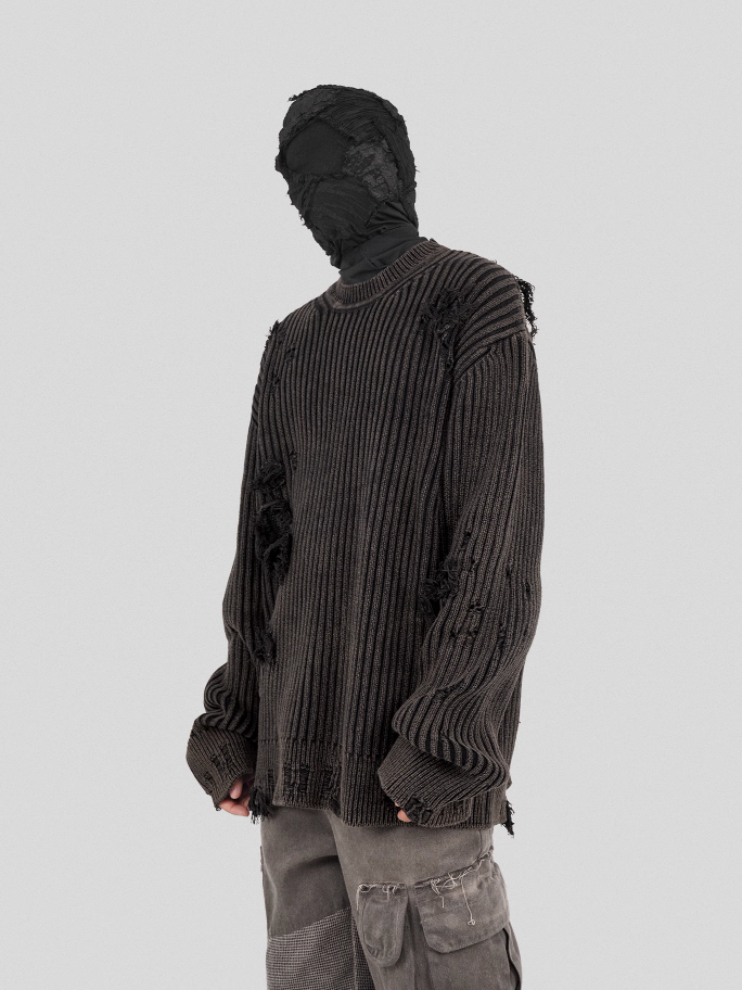 UNDERWATER Washed Handmade Destruction Patchwork Knit Sweater Gray