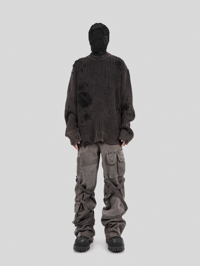 UNDERWATER Washed Handmade Destruction Patchwork Knit Sweater Gray