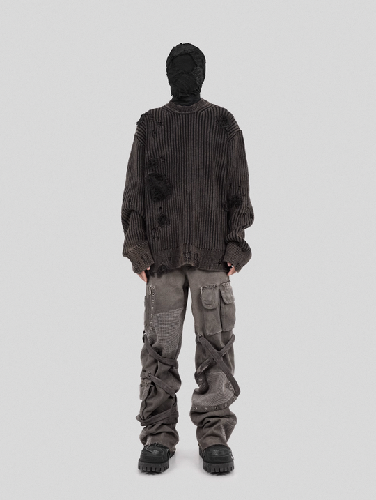 UNDERWATER Washed Handmade Destruction Patchwork Knit Sweater Gray