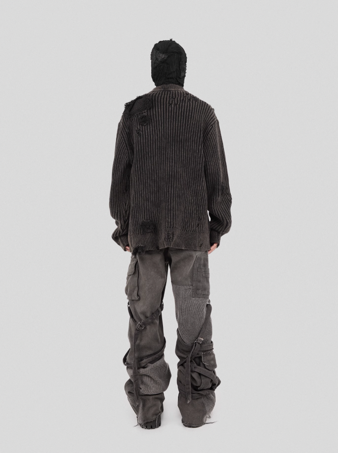 UNDERWATER Washed Handmade Destruction Patchwork Knit Sweater Gray