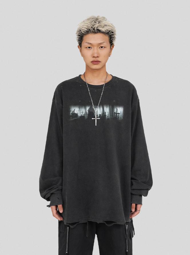 UNDERWATER Cemetery Printed Long Sleeve Tee