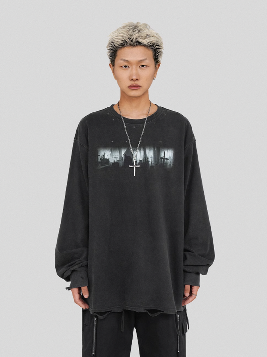 UNDERWATER Cemetery Printed Long Sleeve Tee