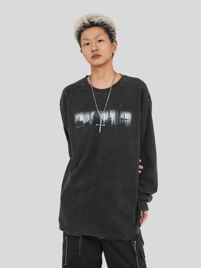 UNDERWATER Cemetery Printed Long Sleeve Tee