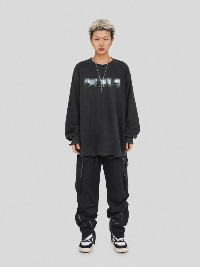 UNDERWATER Cemetery Printed Long Sleeve Tee