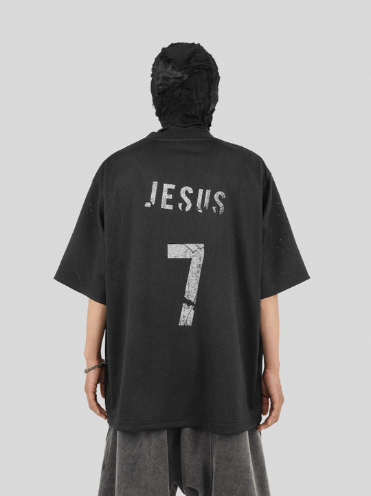 UNDERWATER Number 7 Cracked Aged Printed Mesh Jersey Tee