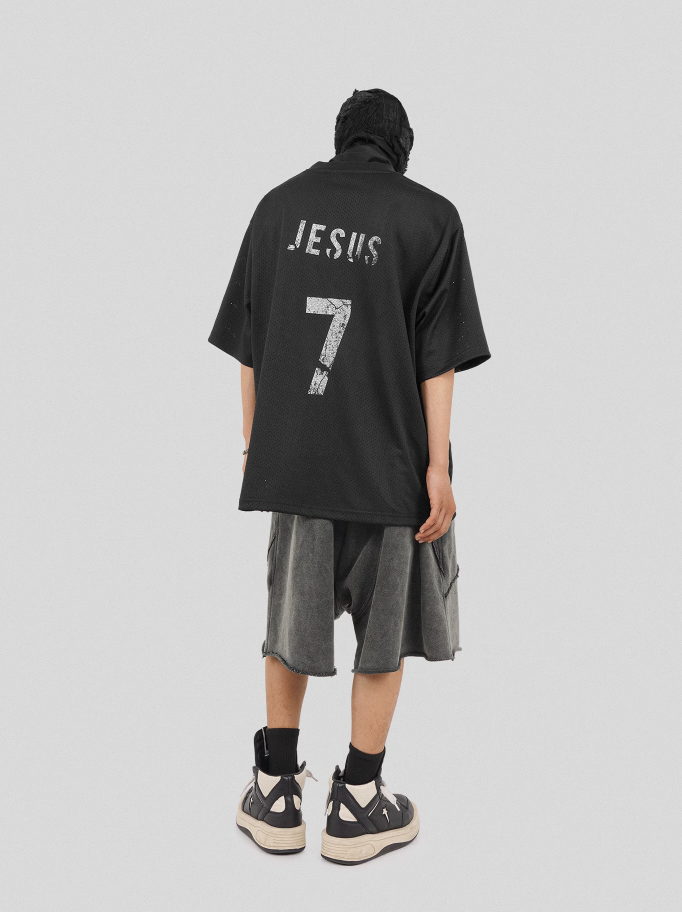 UNDERWATER Number 7 Cracked Aged Printed Mesh Jersey Tee