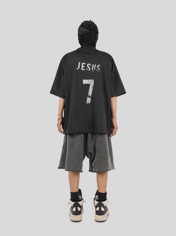 UNDERWATER Number 7 Cracked Aged Printed Mesh Jersey Tee