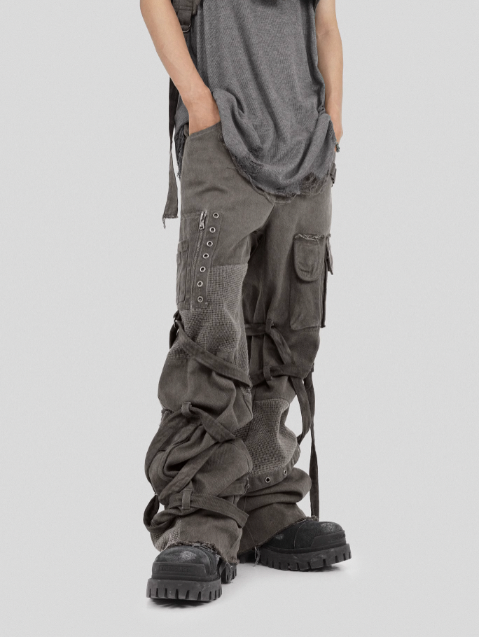 UNDERWATER Scavenger Bandage Mesh Patchwork Pocket Cargo Work Pants