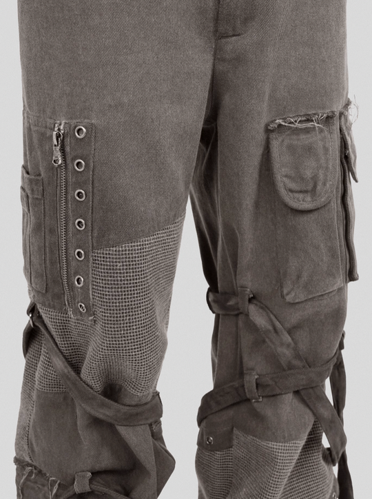 UNDERWATER Scavenger Bandage Mesh Patchwork Pocket Cargo Work Pants