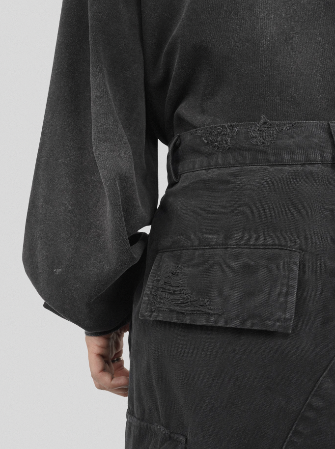 UNDERWATER Needle Embroidery Distressed Flared Cargo Work Pants