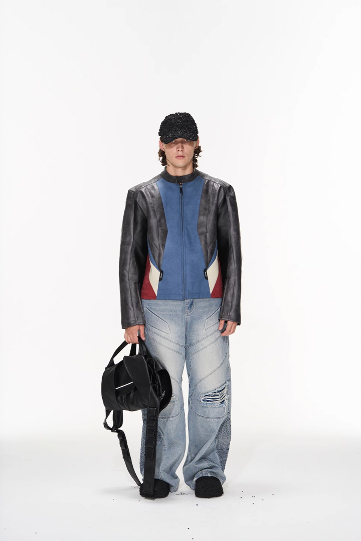 BLIND NO PLAN Color Blocked Short Leather Jacket