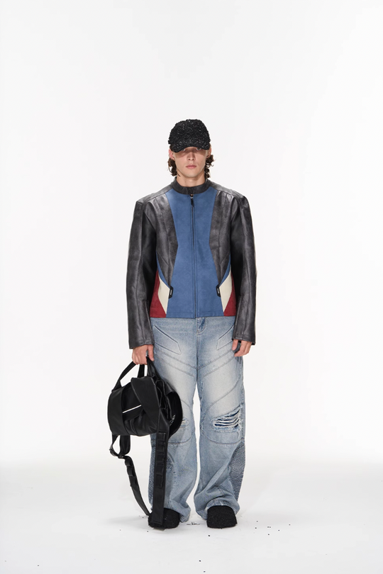 BLIND NO PLAN Color Blocked Short Leather Jacket