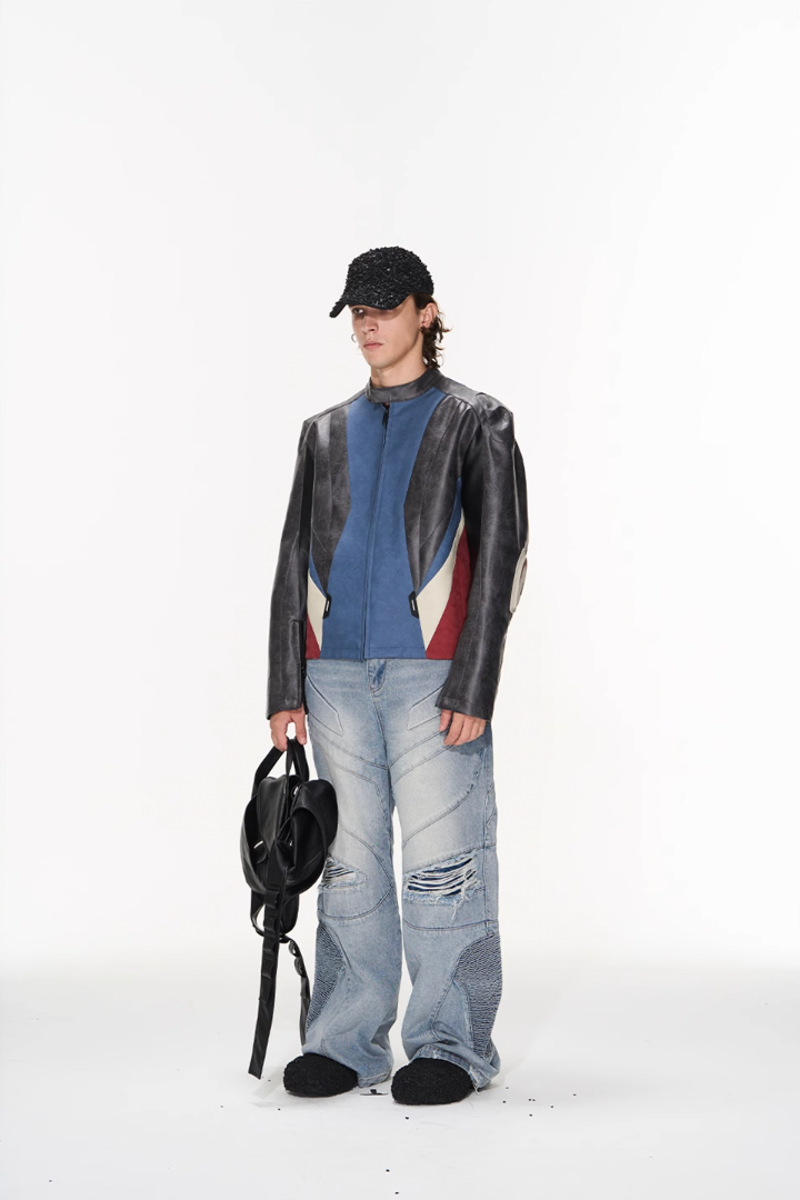 BLIND NO PLAN Color Blocked Short Leather Jacket