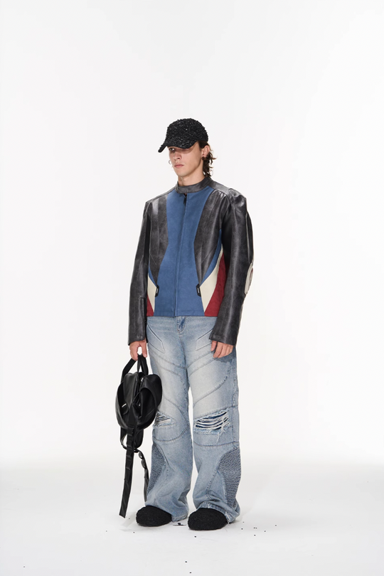 BLIND NO PLAN Color Blocked Short Leather Jacket