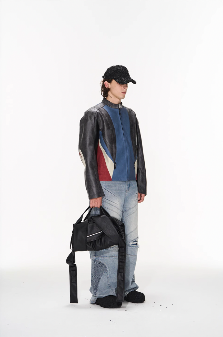 BLIND NO PLAN Color Blocked Short Leather Jacket