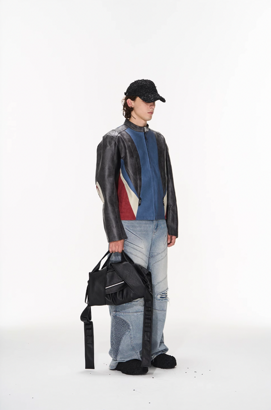 BLIND NO PLAN Color Blocked Short Leather Jacket