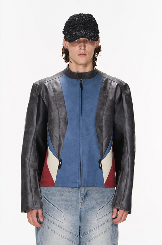 BLIND NO PLAN Color Blocked Short Leather Jacket