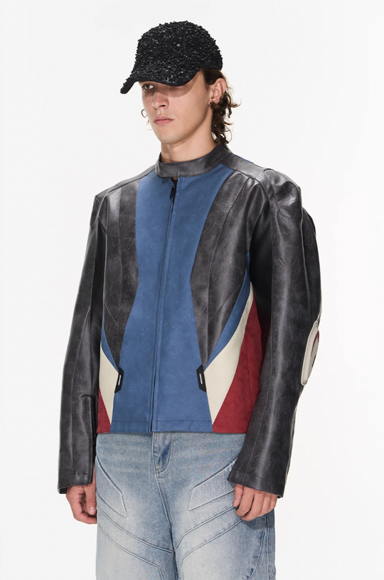 BLIND NO PLAN Color Blocked Short Leather Jacket
