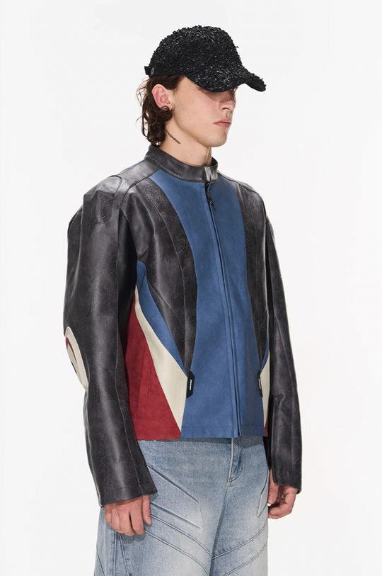 BLIND NO PLAN Color Blocked Short Leather Jacket