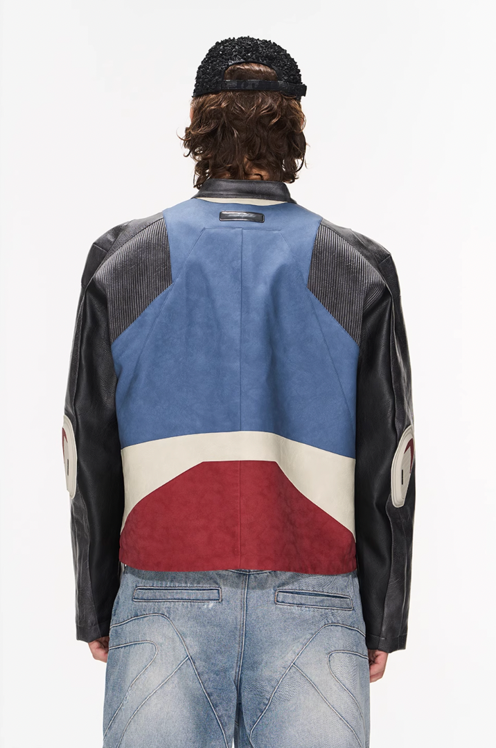 BLIND NO PLAN Color Blocked Short Leather Jacket