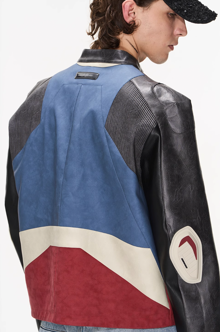 BLIND NO PLAN Color Blocked Short Leather Jacket