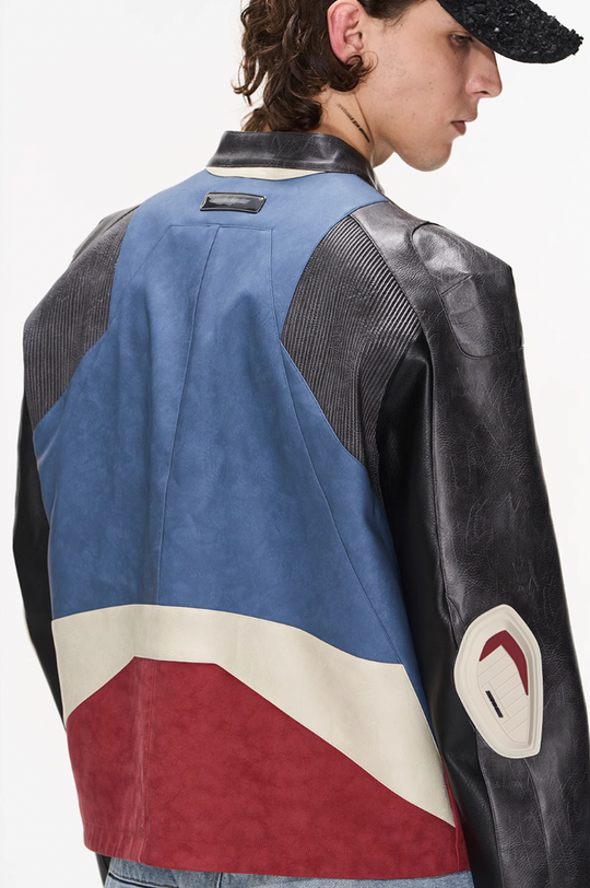 BLIND NO PLAN Color Blocked Short Leather Jacket