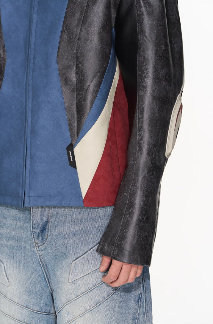 BLIND NO PLAN Color Blocked Short Leather Jacket