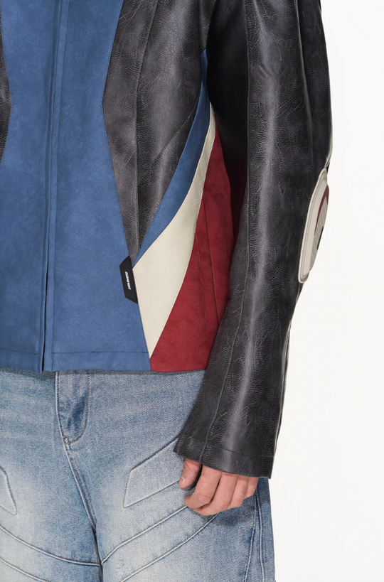 BLIND NO PLAN Color Blocked Short Leather Jacket