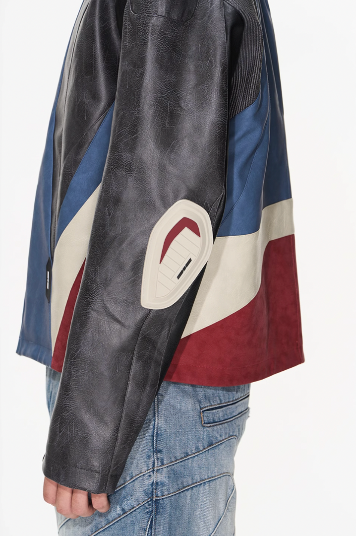 BLIND NO PLAN Color Blocked Short Leather Jacket