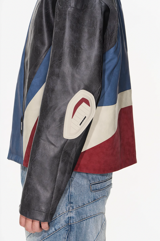 BLIND NO PLAN Color Blocked Short Leather Jacket