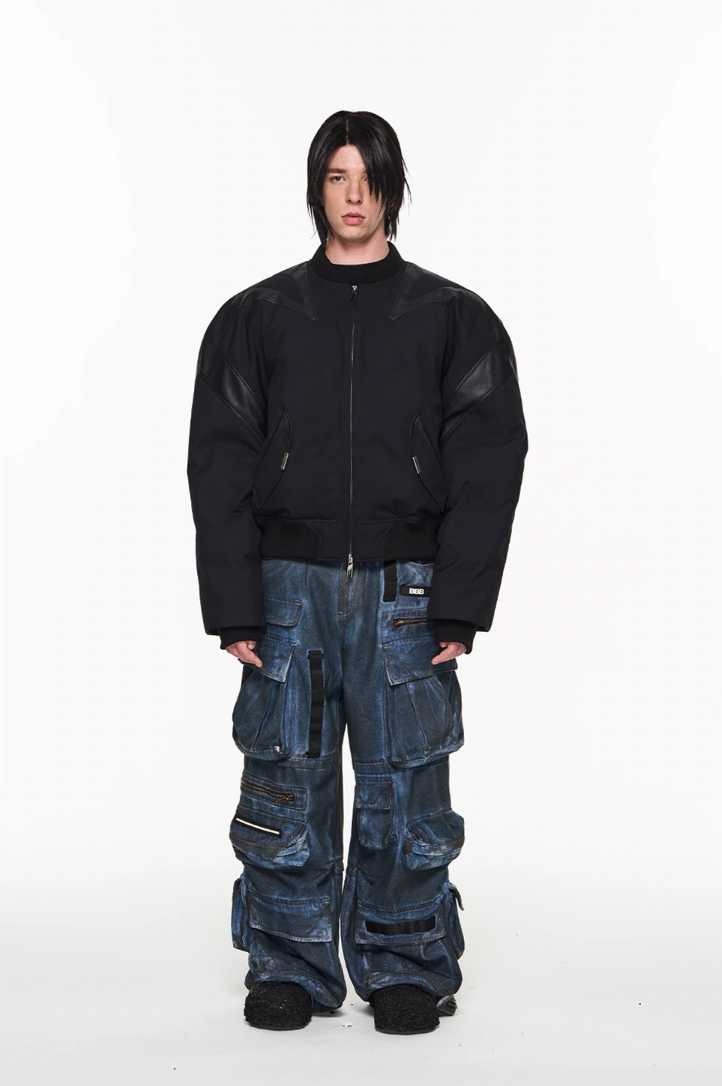 BLIND NO PLAN Mechanical Patchwork Lambs Leg Sleeve Bomber Jacket