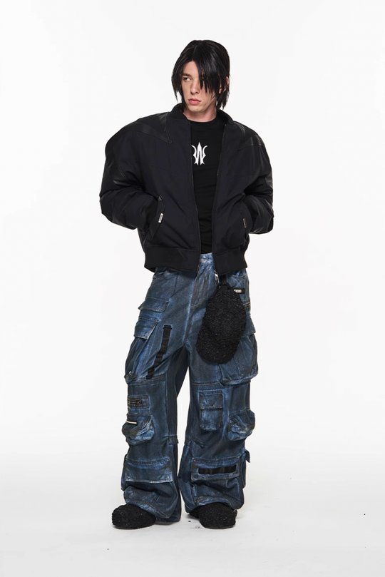 BLIND NO PLAN Mechanical Patchwork Lambs Leg Sleeve Bomber Jacket