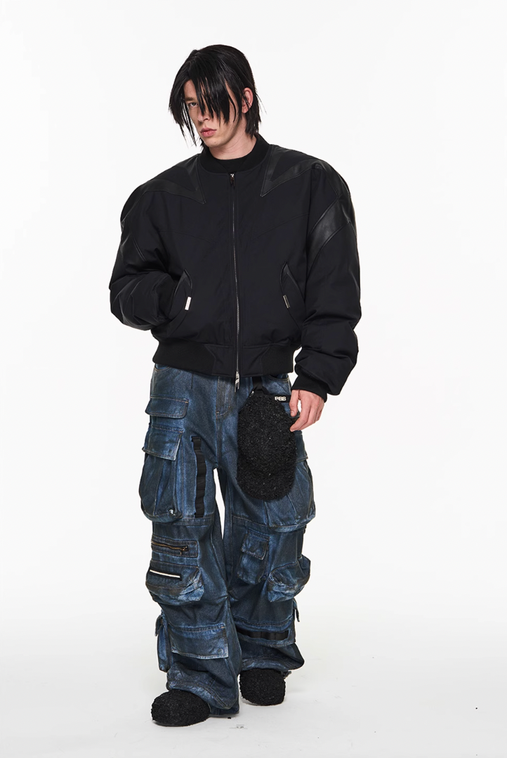 BLIND NO PLAN Mechanical Patchwork Lambs Leg Sleeve Bomber Jacket