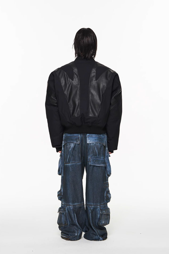 BLIND NO PLAN Mechanical Patchwork Lambs Leg Sleeve Bomber Jacket