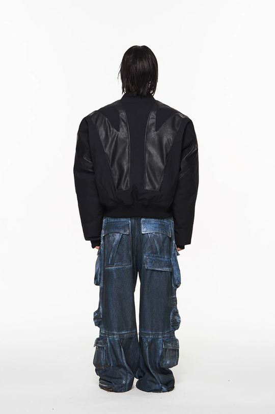 BLIND NO PLAN Mechanical Patchwork Lambs Leg Sleeve Bomber Jacket