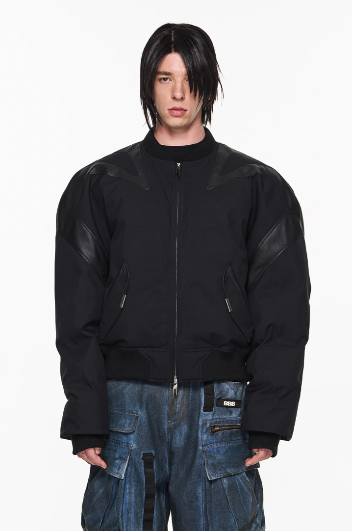 BLIND NO PLAN Mechanical Patchwork Lambs Leg Sleeve Bomber Jacket